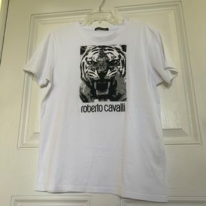 Roberto Cavalli tshirt size large men’s. White with tiger screen print.